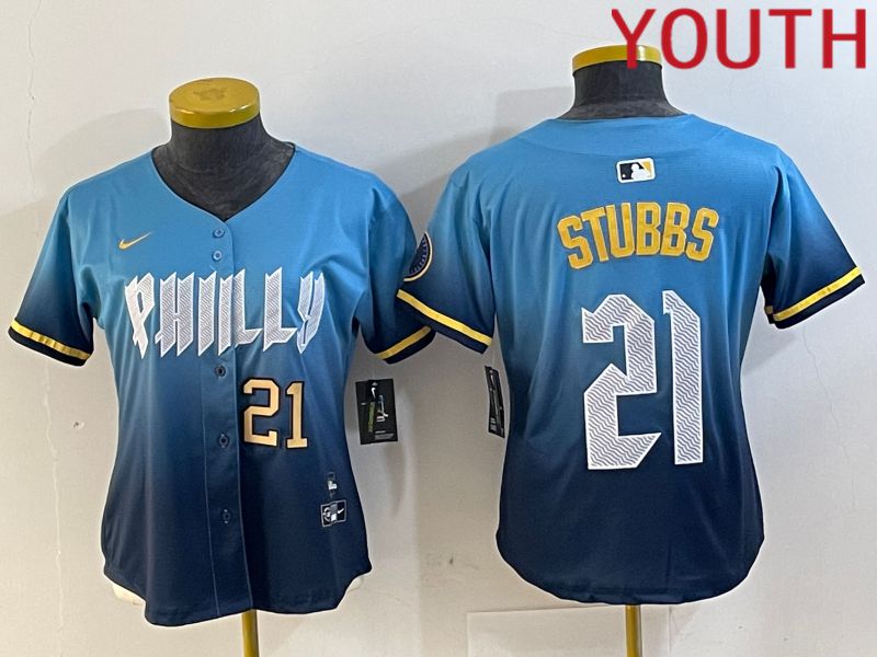 Youth Philadelphia Phillies #21 Stubbs Blue City Edition 2024 Nike MLB Jersey style 4->youth mlb jersey->Youth Jersey